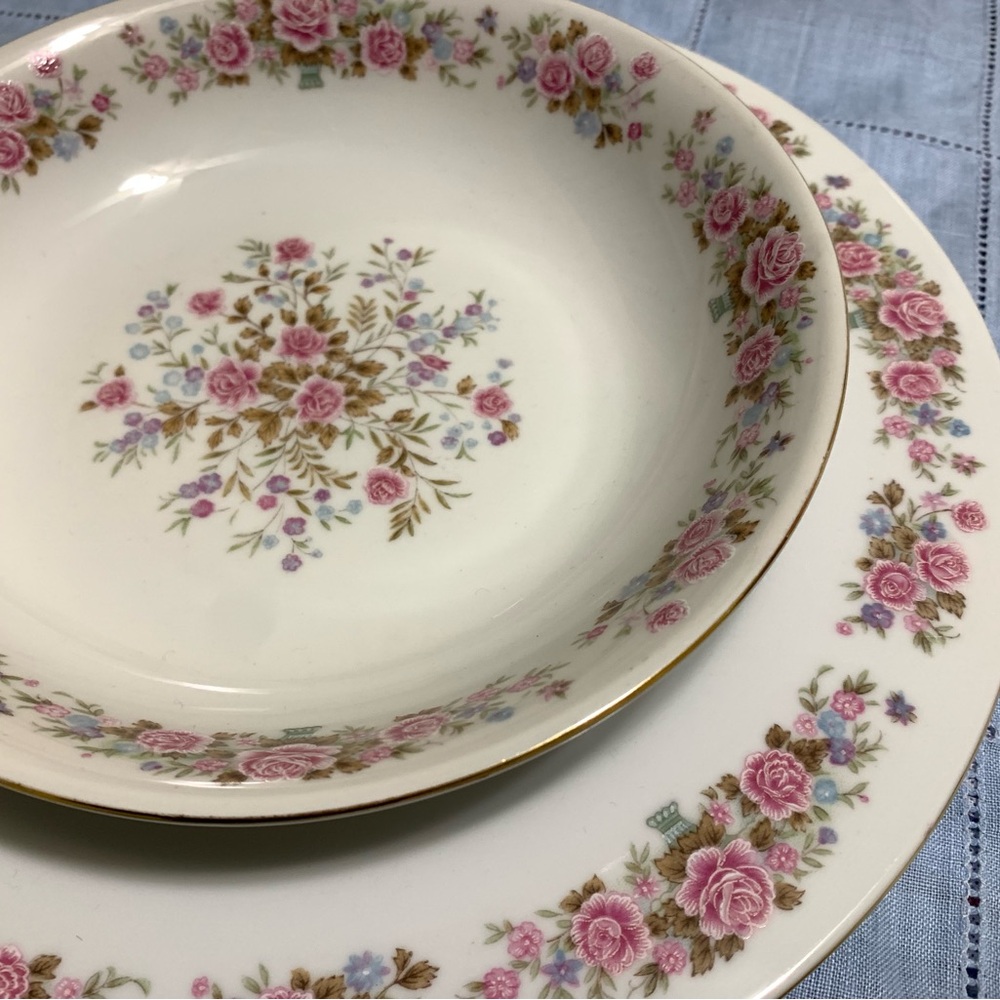 Vintage Remington Fine China Dinner PLATE AND SOUP BOWL Pink Blue Floral GoldRim